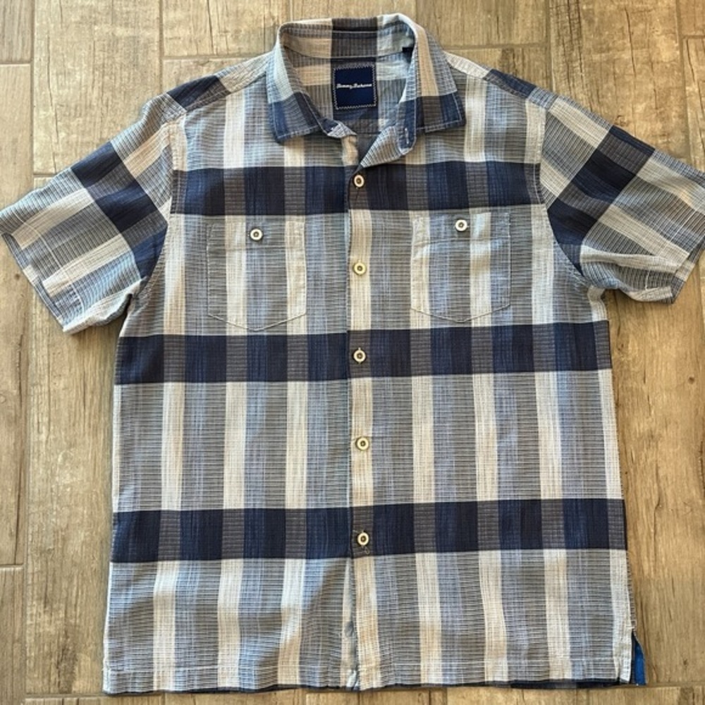 Tommy Bahama Silk /Cotton Short Sleeve Button Up Camp Shirt Size L Blue Plaid